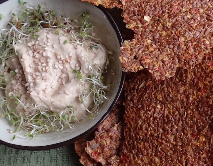 flax crackers served with hummus